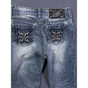 Suko Jeans Denim pants diamond sequins embroidered women size 6 30 x 29 faded